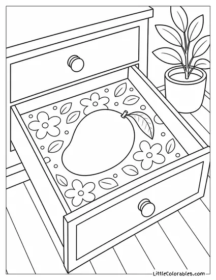 Single Mango Placed Inside an Open Dresser Drawer Lined With Fabric Coloring Page