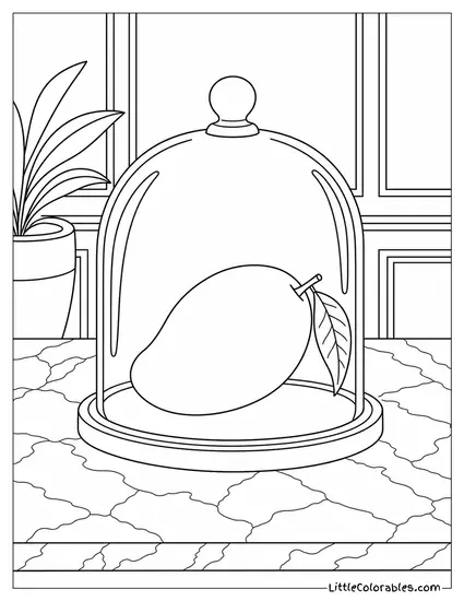 Single Mango Placed Under a Clear Glass Cloche on a Marble Surface Coloring Page