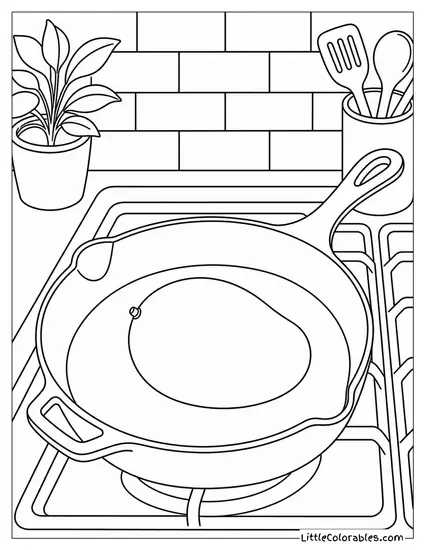 Single Mango Resting Inside a Deep Cast Iron Skillet on a Stove Coloring Page