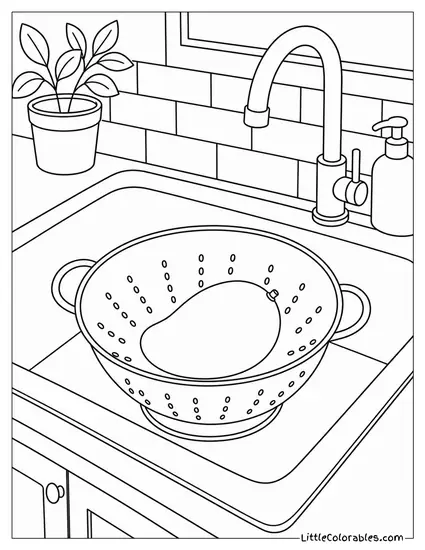 Single Mango Resting Inside a Plain Colander in a Kitchen Sink Coloring Page