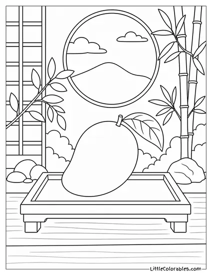 Single Mango Sitting on a Low Wooden Japanese Style Tray With Tea Coloring Page