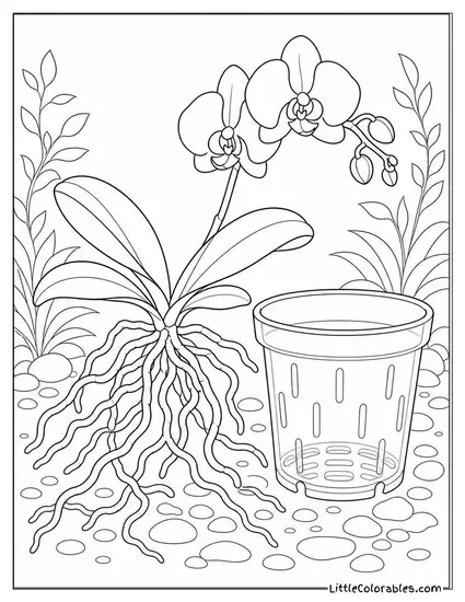 Single Orchid Aerial Root System Exposed Beside a Clear Pot Coloring Page