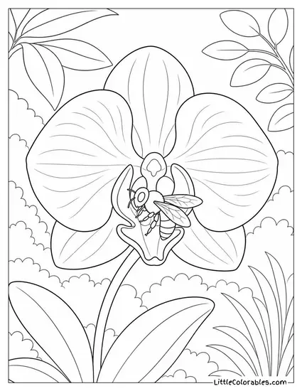 Single Orchid with a Pollinator Bee Inside the Bloom Coloring Page