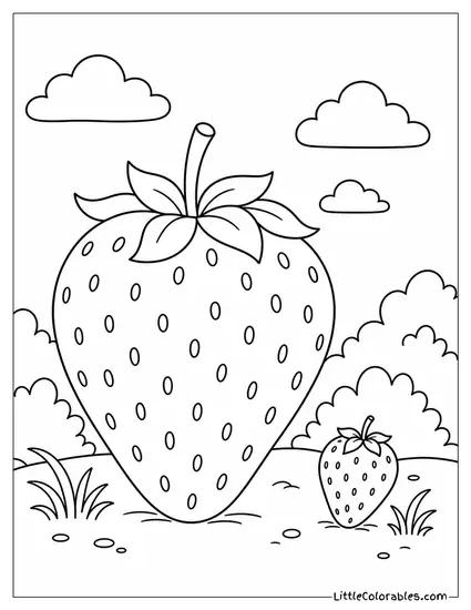 Single Oversized Giant Strawberry Next to a Normal Tiny Strawberry Coloring Page