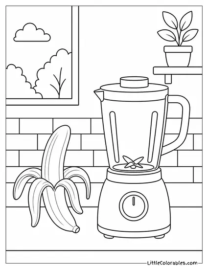Single Peeled Banana Next to a Simple Blender Outline Coloring Page