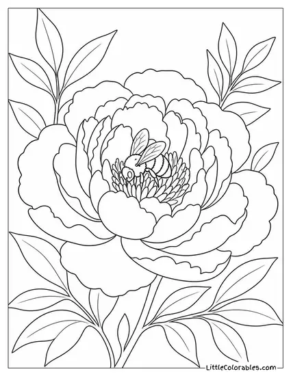 Single Peony Bloom with a Bee Buried Deep in its Center Coloring Page