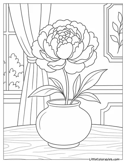 Single Peony in a Short Wide Mouthed Ceramic Vase Coloring Page