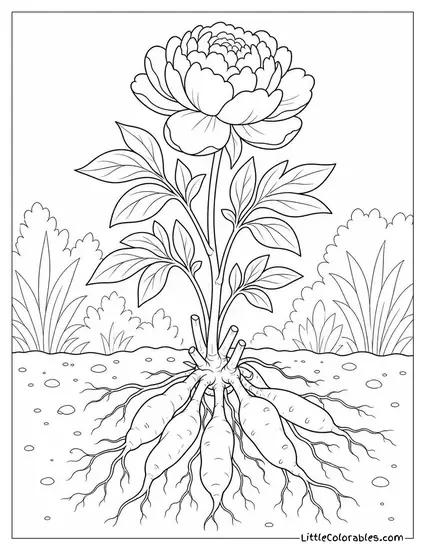 Single Peony Root System with Tuberous Roots Visible Coloring Page