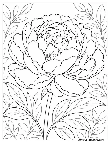 Single Peony with an Ant Crawling Between its Petals Coloring Page