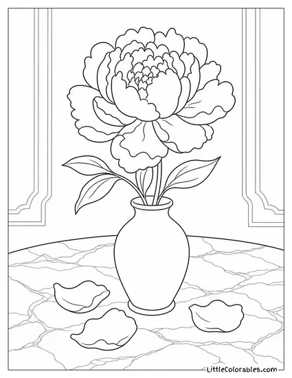 Single Peony with Petals Beginning to Fall on a Marble Surface Coloring Page