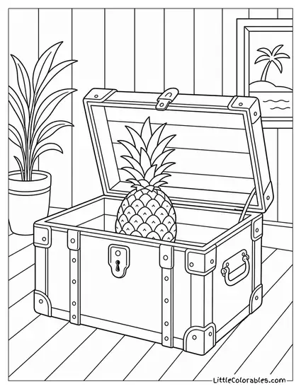 Single Pineapple Nestled Inside an Open Vintage Trunk With Treasures Coloring Page