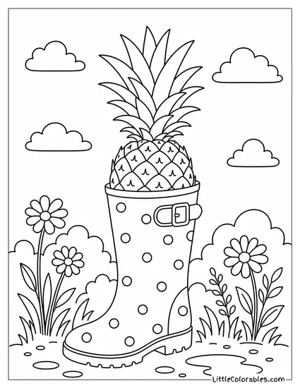 Single Pineapple Placed Inside a Tall Rain Boot Standing Upright Coloring Page