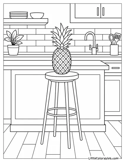 Single Pineapple Placed on a Tall Bar Stool at a Plain Kitchen Counter Coloring Page