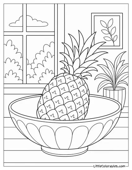 Single Pineapple Resting Inside a Wide Ceramic Bowl Coloring Page