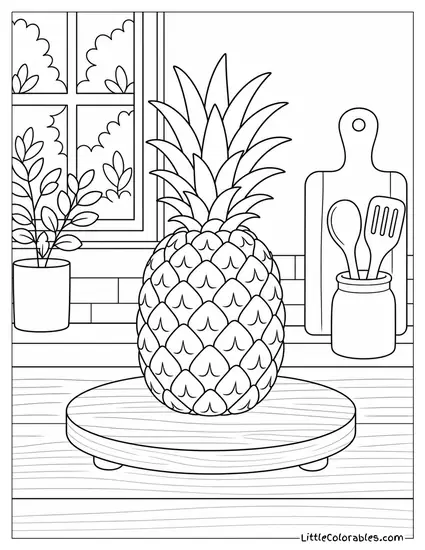 Single Pineapple Resting on a Small Round Wooden Lazy Susan Coloring Page