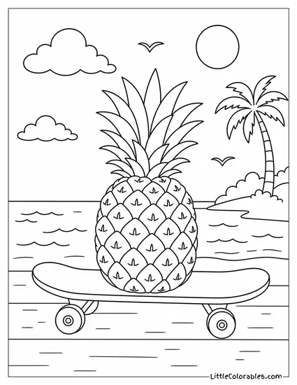 Single Pineapple Resting on a Small Wooden Skateboard Coloring Page