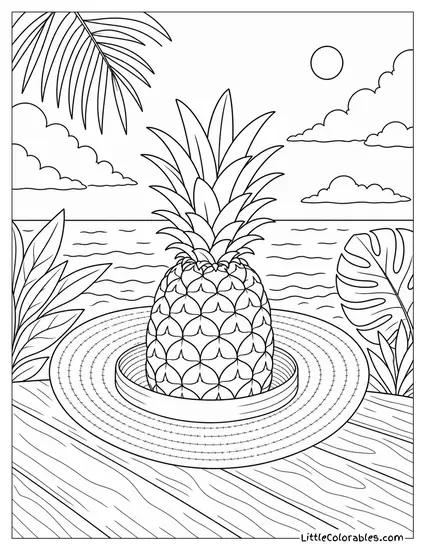 Single Pineapple Sitting Inside a Wide Brimmed Straw Hat Lying Flat Coloring Page