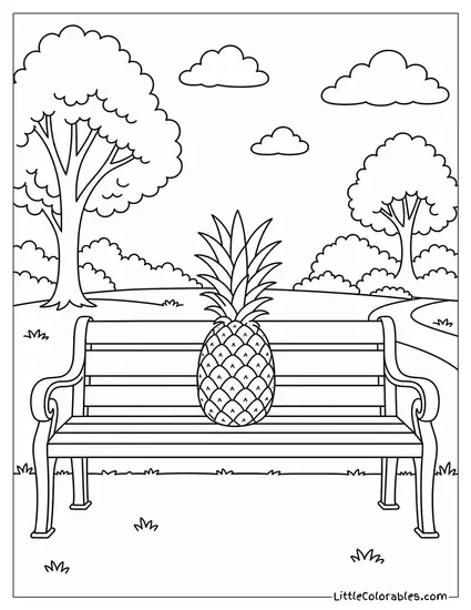 Single Pineapple Sitting on a Plain Park Bench With Armrests Coloring Page