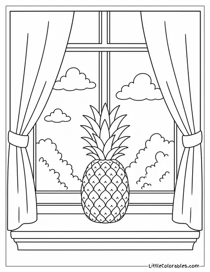 Single Pineapple Sitting on a Windowsill With Curtains on Either Side Coloring Page