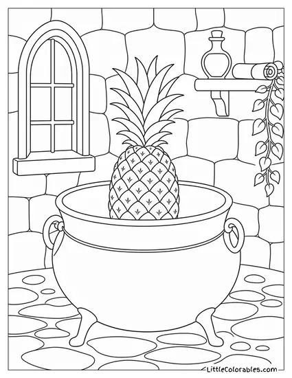 Single Pineapple Standing Upright in an Empty Iron Cauldron Coloring Page