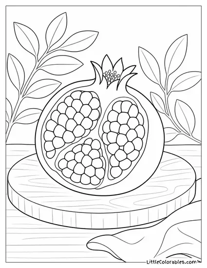 Single Pomegranate Split Open on a Round Cutting Board Coloring Page