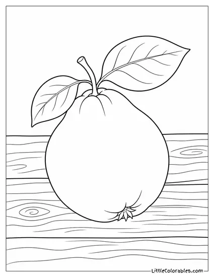 Single Quince on a Plain Wooden Surface with Two Leaves Coloring Page