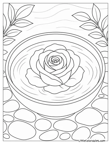 Single Rose Bloom Floating in a Shallow Bowl of Water Coloring Page