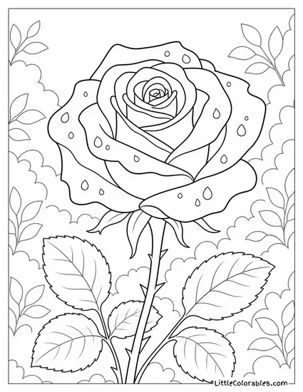 Single Rose Bloom with Dewdrops on the Petals Coloring Page