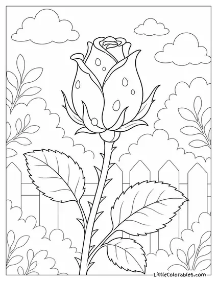 Single Rose Bud with Morning Dew on a Thorned Stem Coloring Page