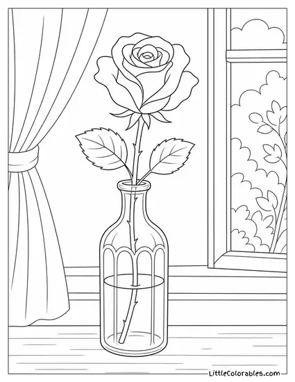 Single Rose in a Thin Necked Vintage Glass Bottle Coloring Page