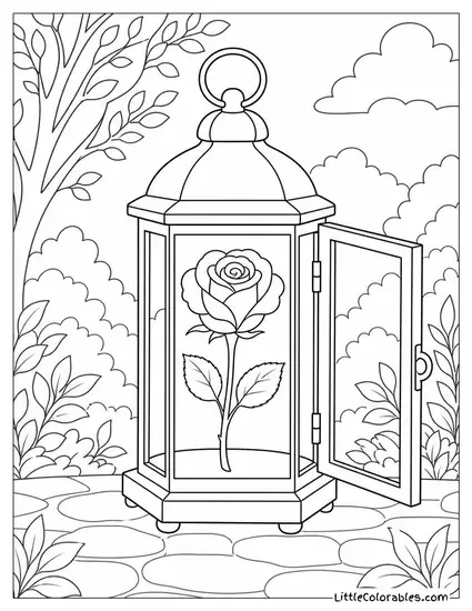 Single Rose Inside a Simple Lantern with the Door Open Coloring Page