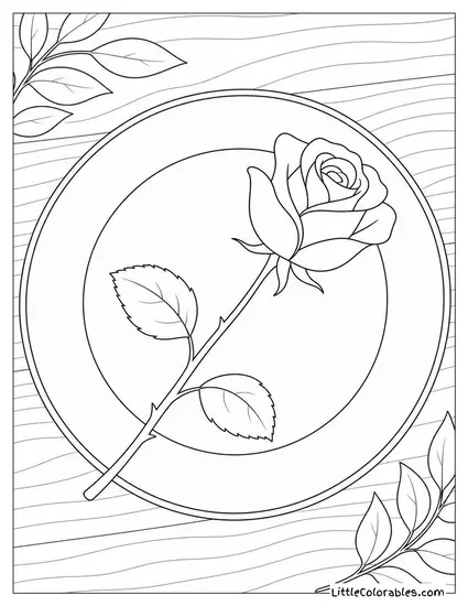 Single Rose Lying Across a Plain Ceramic Dinner Plate Coloring Page