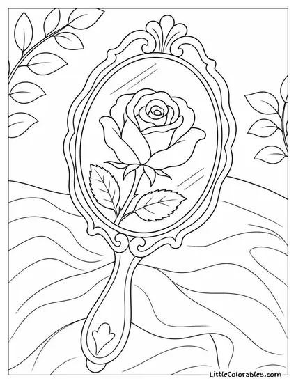 Single Rose Reflected in a Small Handheld Mirror Coloring Page