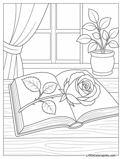Single Rose Resting Inside an Open Book Coloring Page