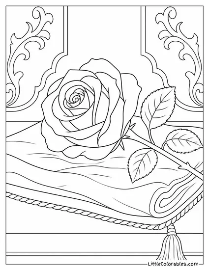 Single Rose Resting on a Folded Velvet Cloth Coloring Page