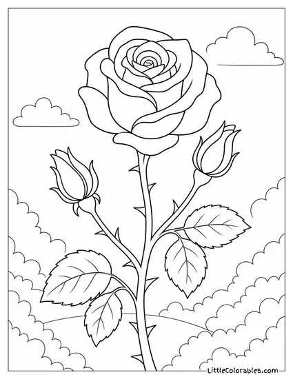 Single Rose Stem with Two Buds and Thorns Coloring Page