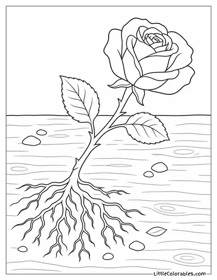 Single Rose with Roots Exposed Lying on a Flat Surface Coloring Page