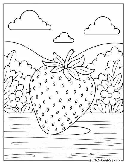 Single Strawberry Casting a Small Clean Shadow on a Flat Surface Coloring Page