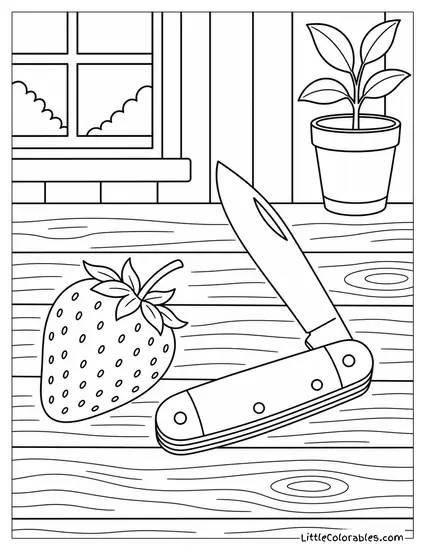 Single Strawberry Lying Next to an Open Pocket Knife on a Table Coloring Page