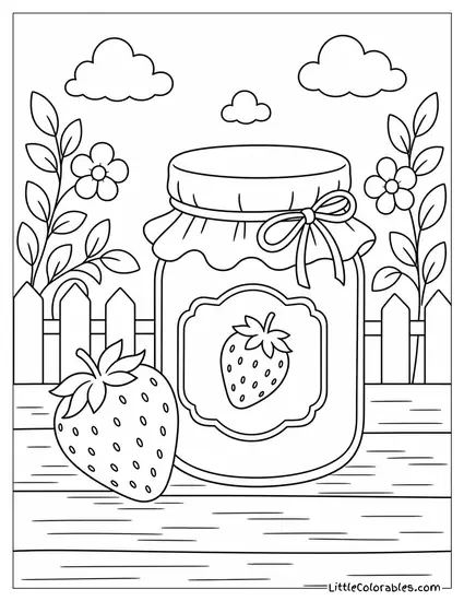 Single Strawberry Next to a Small Classic Glass Jar of Jam Coloring Page