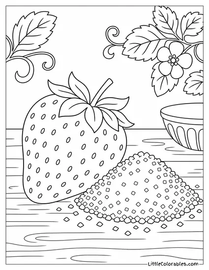 Single Strawberry Next to a Small Pile of Granulated Sugar Coloring Page