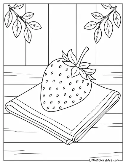 Single Strawberry Resting on a Small Folded Cloth Napkin Coloring Page