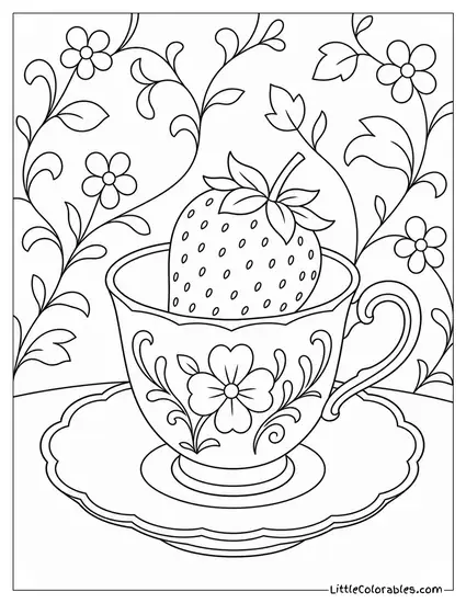 Single Strawberry Resting Perfectly Inside a Small Porcelain Bowl Coloring Page