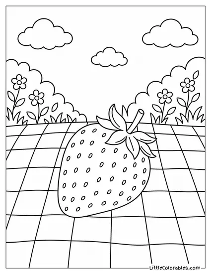Single Strawberry Sitting Flat on a Checkered Picnic Blanket Coloring Page