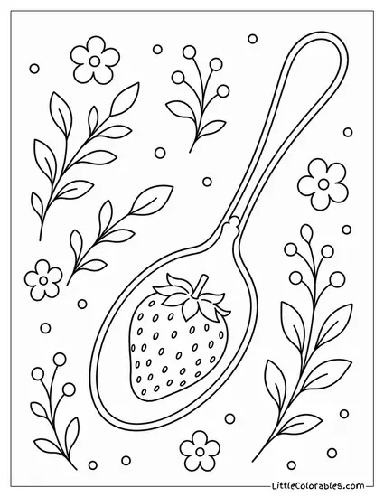Single Strawberry Sitting Inside the Hollow of a Large Clean Spoon Coloring Page