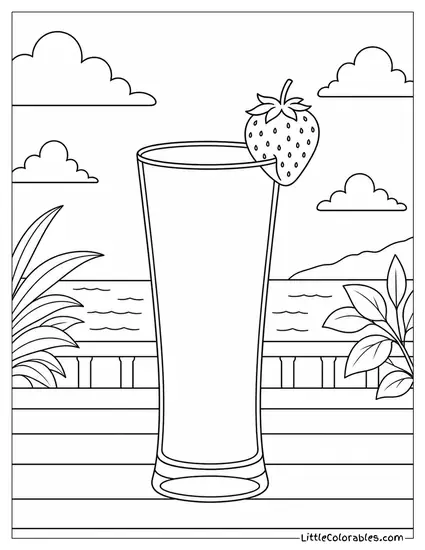 Single Strawberry Sitting on the Rim of a Tall Beverage Glass Coloring Page