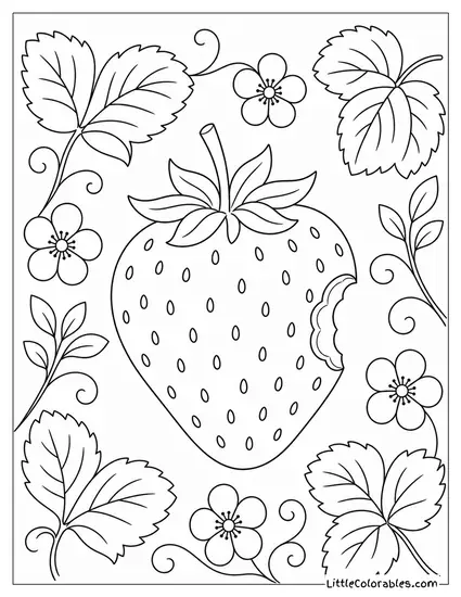 Single Strawberry With a Tiny Bite Taken Out of One Side Coloring Page