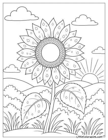 Single Sunflower at Dawn with Dew on Every Petal Coloring Page