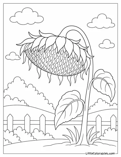 Single Sunflower Head Drooping Heavily with Ripe Seeds Coloring Page