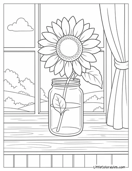 Single Sunflower in a Mason Jar on a Farmhouse Windowsill Coloring Page